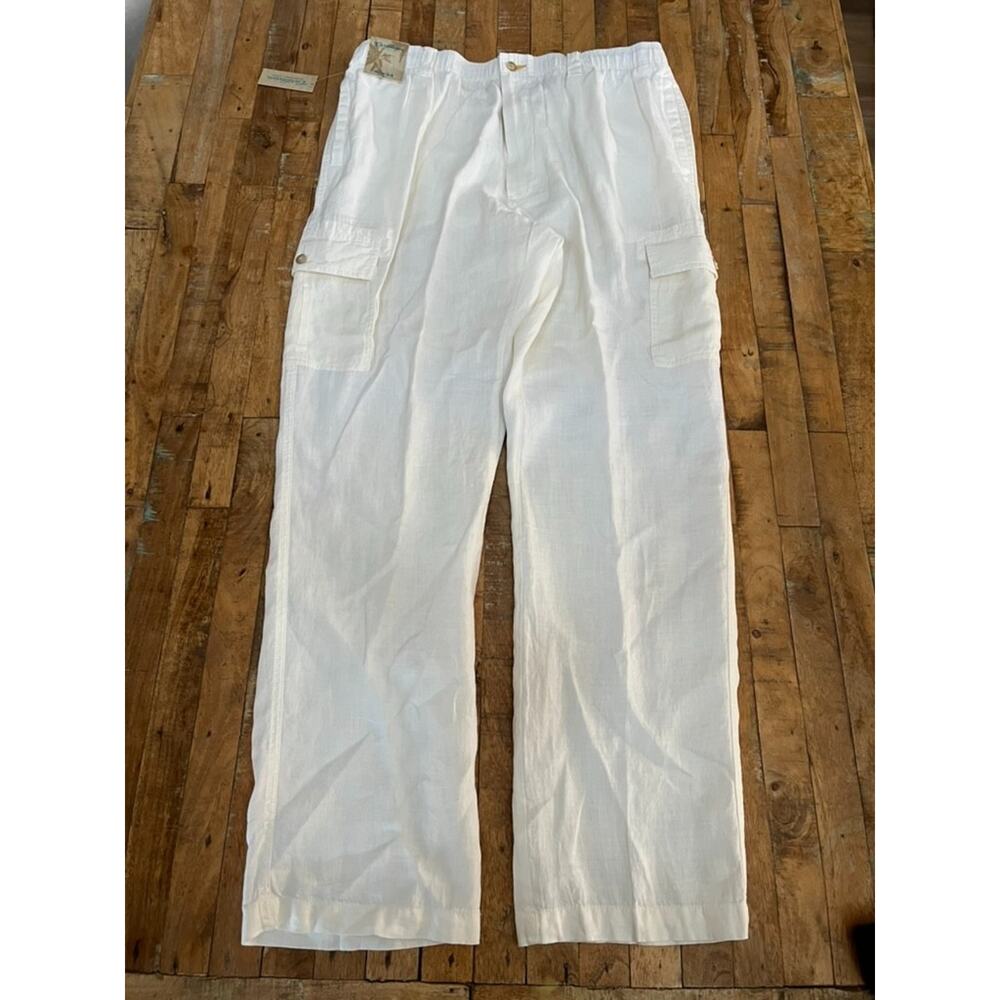 Caribbean Cargo Pants Mens 40x34 White 100% Linen Adjustable Side Pockets NWT